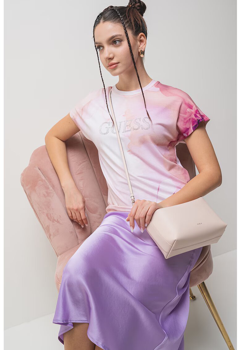 GUESS Tricou cu logo din strasuri si model - Violet/Roz