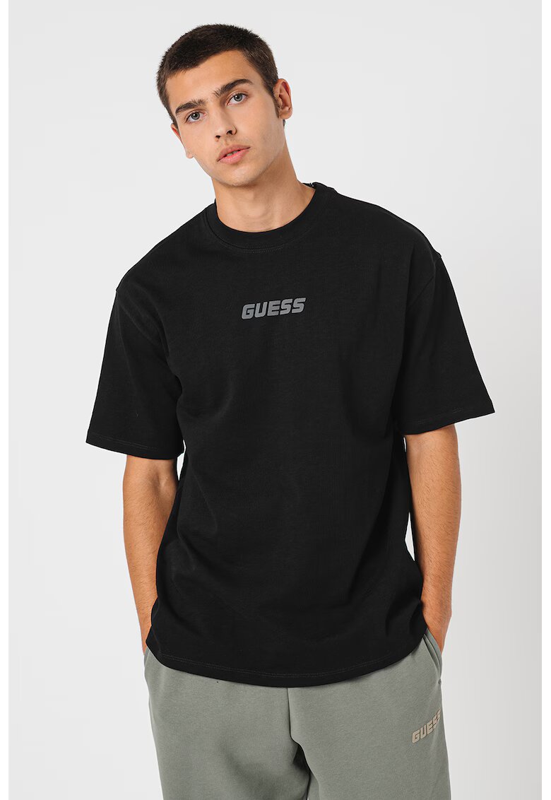 GUESS Tricou cu logo si decolteu la baza gatului - Negru/Gri inchis