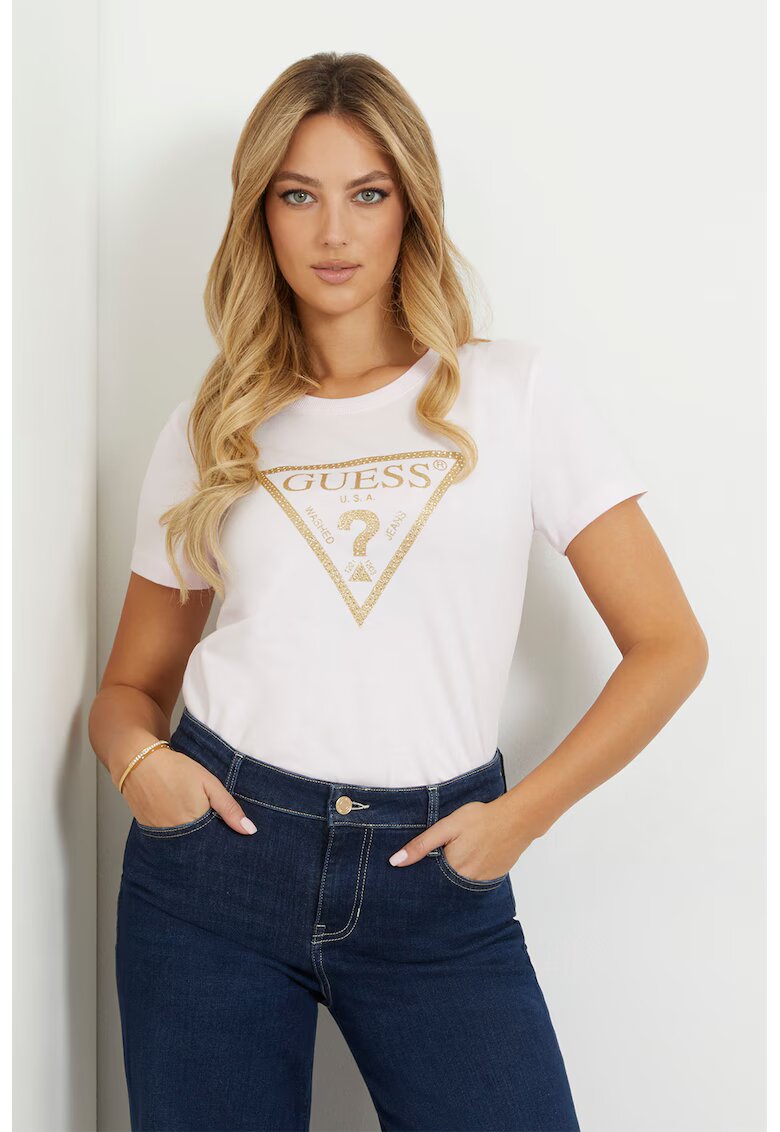 GUESS Tricou cu logo si strasuri - Roz pastel
