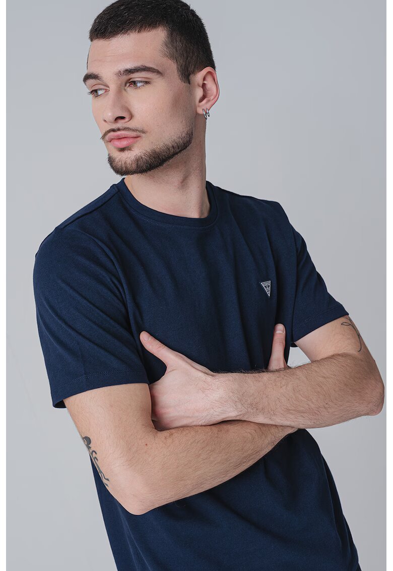GUESS Tricou de bumbac cu decolteu la baza gatului - Bleumarin