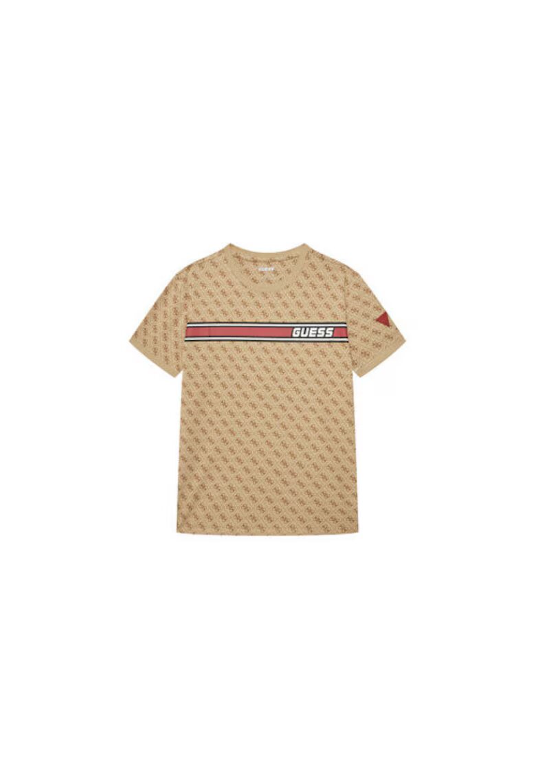 GUESS Tricou din amestec de bumbac cu banda cu logo pe piept si imprimeu-logo - Bej inchis