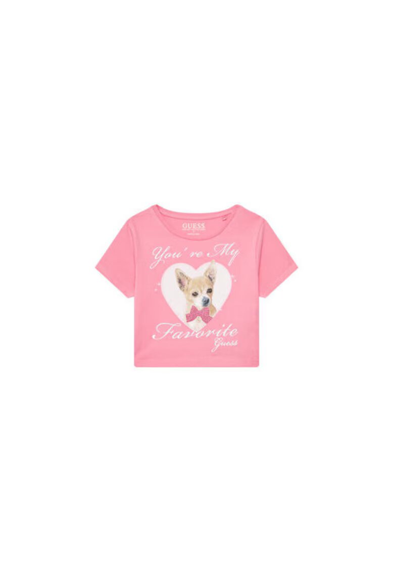 GUESS Tricou din amestec de bumbac organic cu decolteu rotund si imprimeu catel