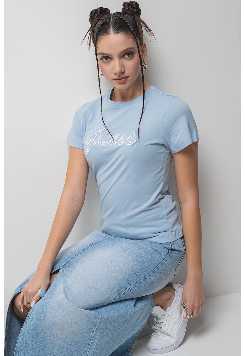 GUESS Tricou din bumbac cu decolteu la baza gatului - Albastru deschis