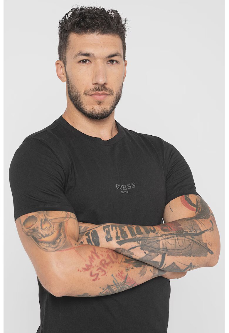GUESS Tricou din bumbac cu decolteu la baza gatului - Negru