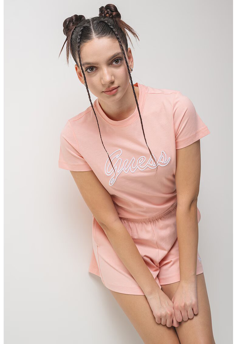 GUESS Tricou din bumbac cu decolteu la baza gatului - Roz deschis