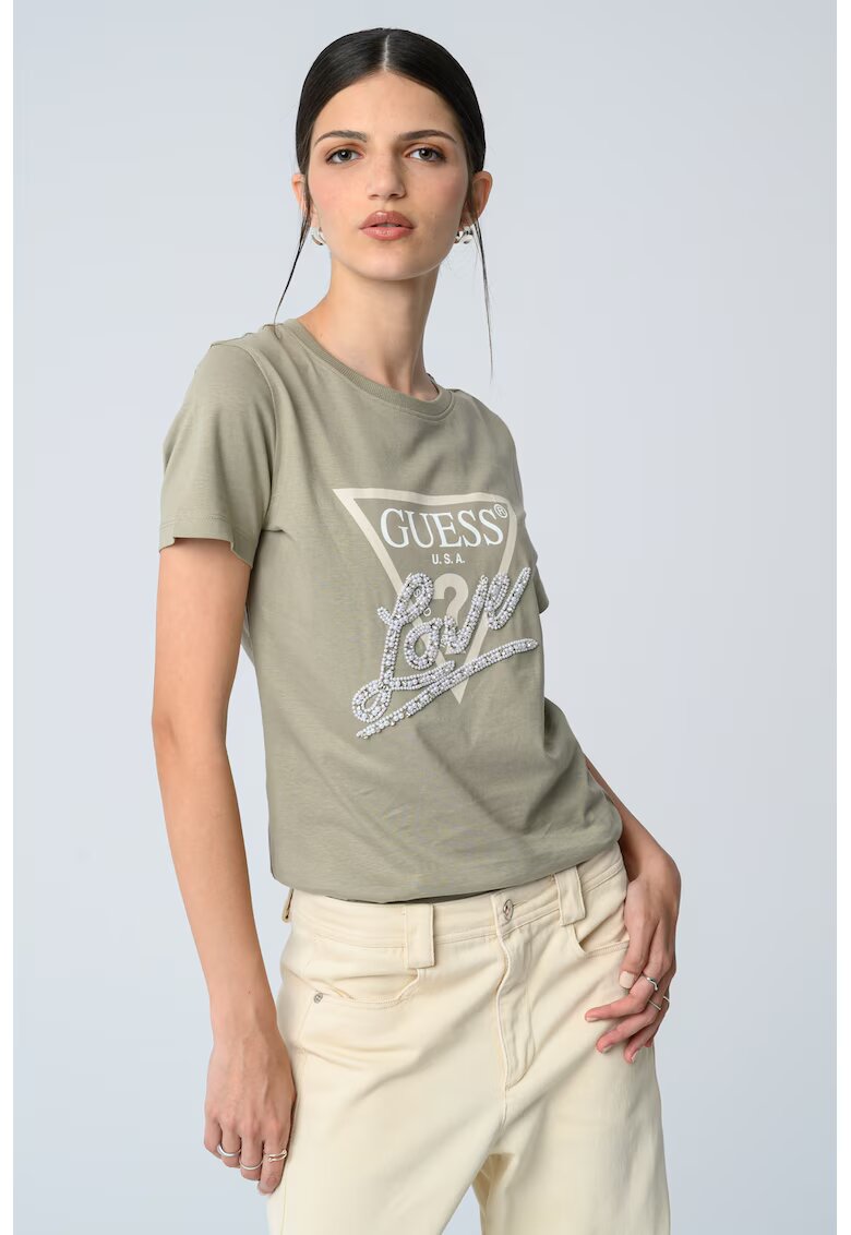 GUESS Tricou din bumbac cu imprimeu logo si aplicatie cu margele - Verde pal