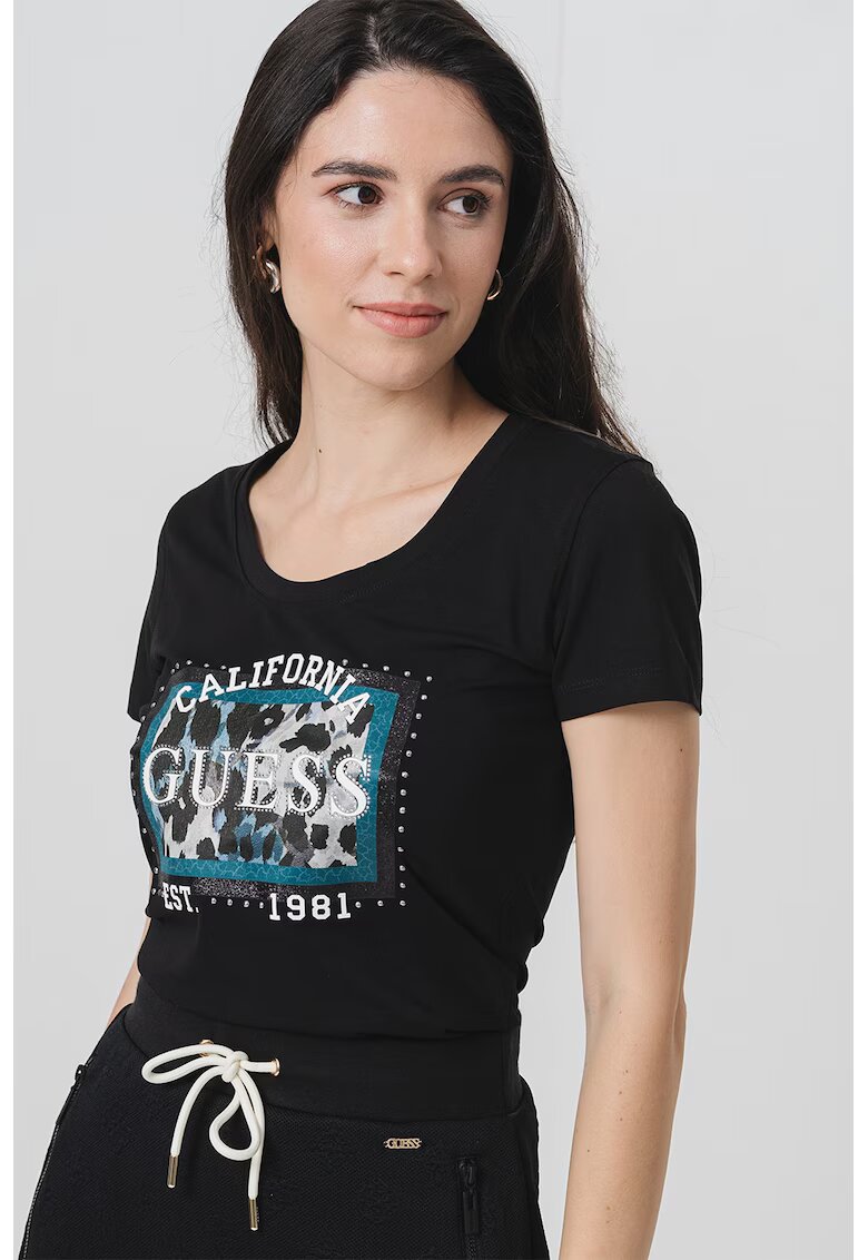 GUESS Tricou din bumbac cu imprimeu - Negru/Alb optic/Verde aquamarin