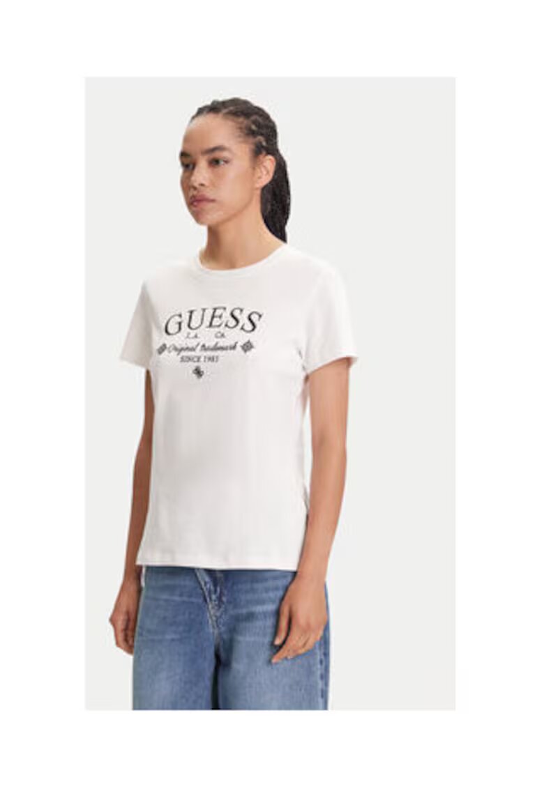 GUESS Tricou din bumbac cu logo frontal - terminatie striata si decolteu la baza gatului