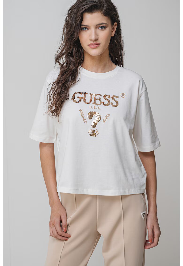 GUESS Tricou din bumbac cu paiete pentru antrenament - Auriu/Alb fildes
