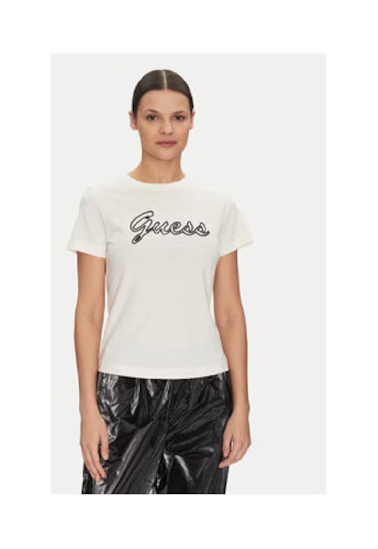 GUESS Tricou din bumbac organic cu imprimeu logo si decolteu la baza gatului -
