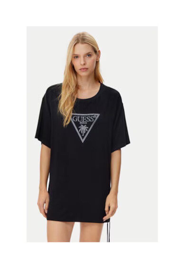 GUESS Tricou lung din vascoza - negru