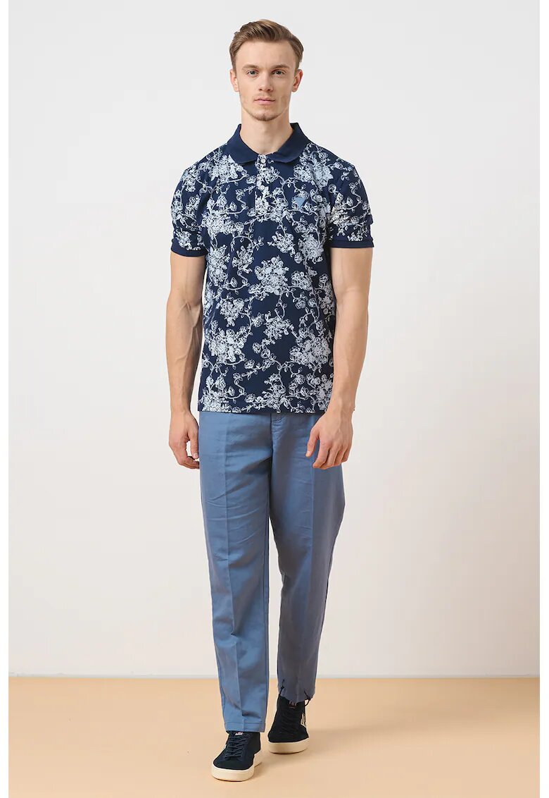 GUESS Tricou polo din amestec de bumbac cu model - Alb optic/Bleumarin
