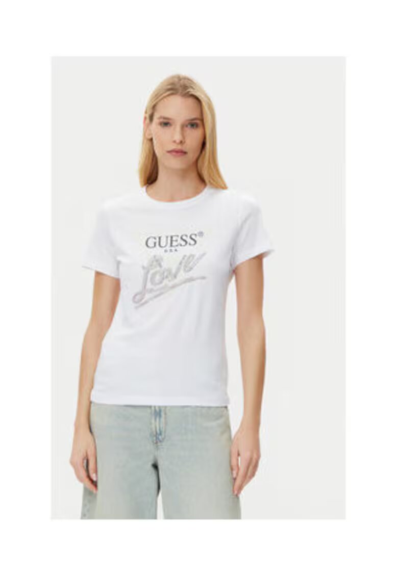 GUESS Tricou regular fit cu imprimeu logo si decolteu la baza gatului