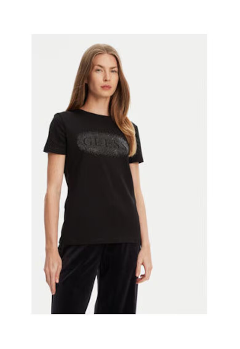 GUESS Tricou regular fit din amestec de bumbac cu strasuri si logo pe piept
