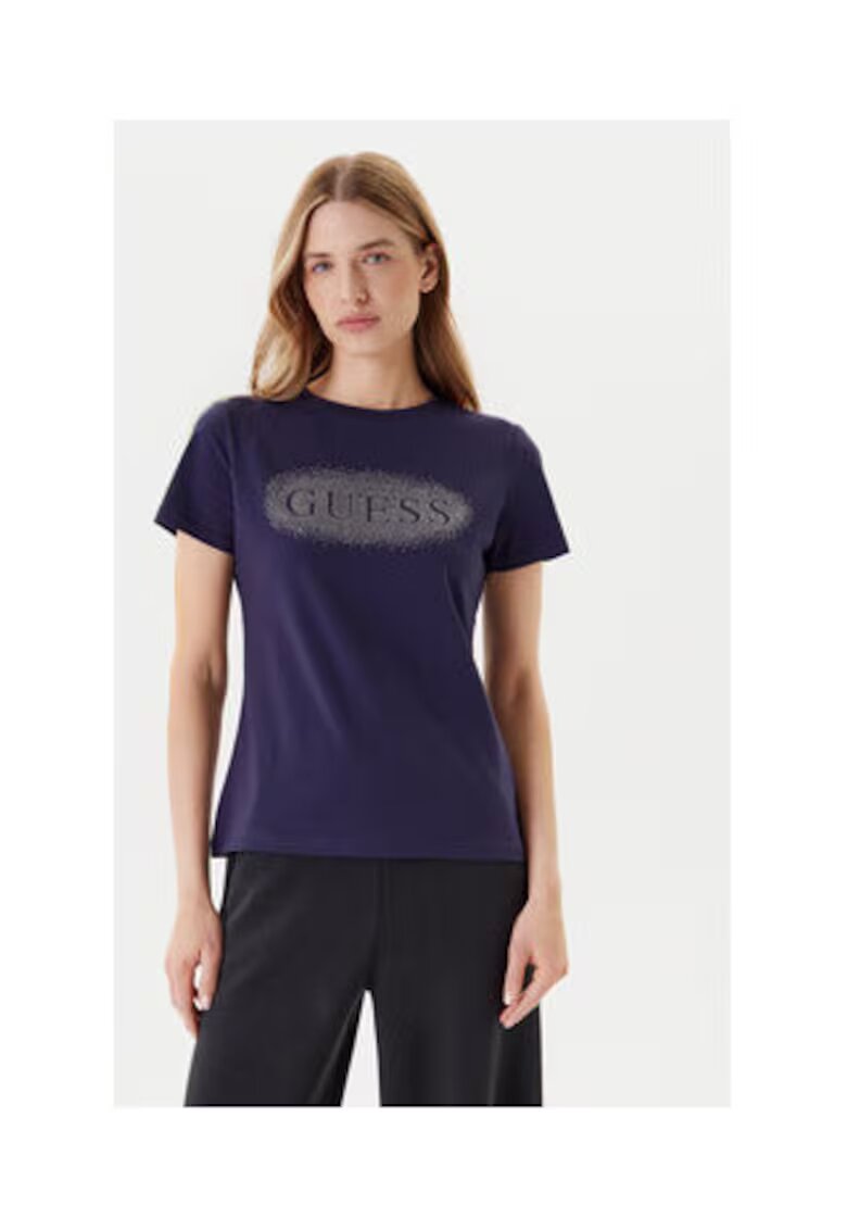 GUESS Tricou regular fit uni din amestec de bumbac cu strasuri si logo pe piept