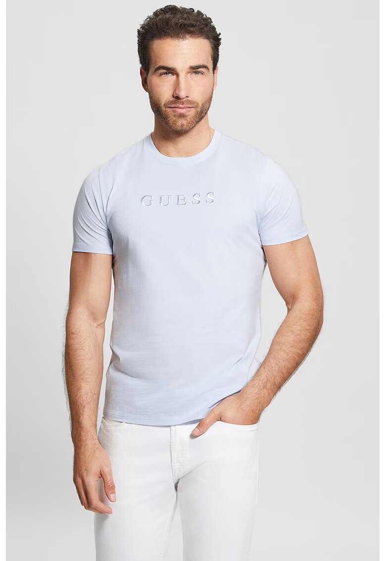 GUESS Tricou slim fit cu logo brodat - Albastru deschis