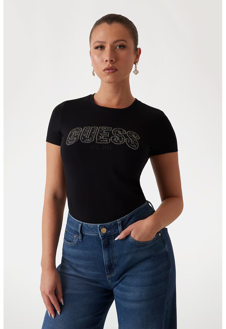 GUESS Tricou slim fit cu logo cu strasuri - Negru