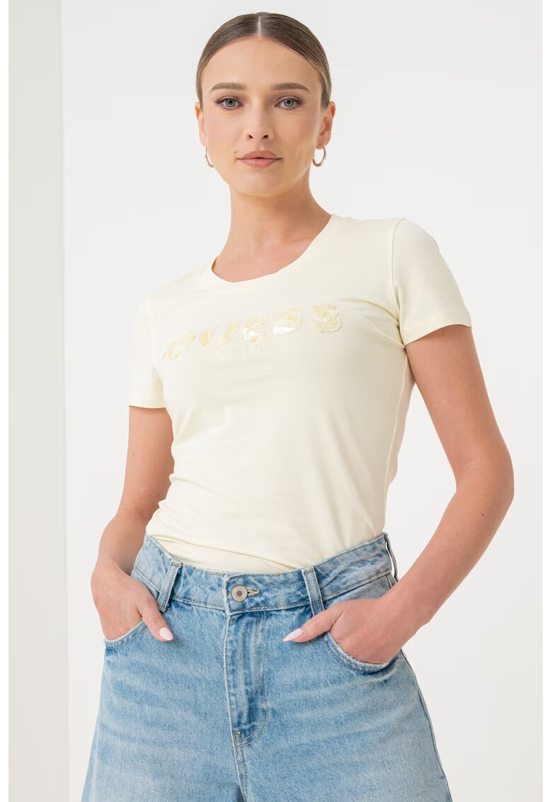GUESS Tricou slim fit cu logo - Galben pal