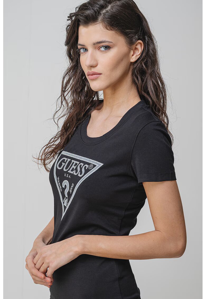 GUESS Tricou slim fit cu strasuri - Negru/Argintiu