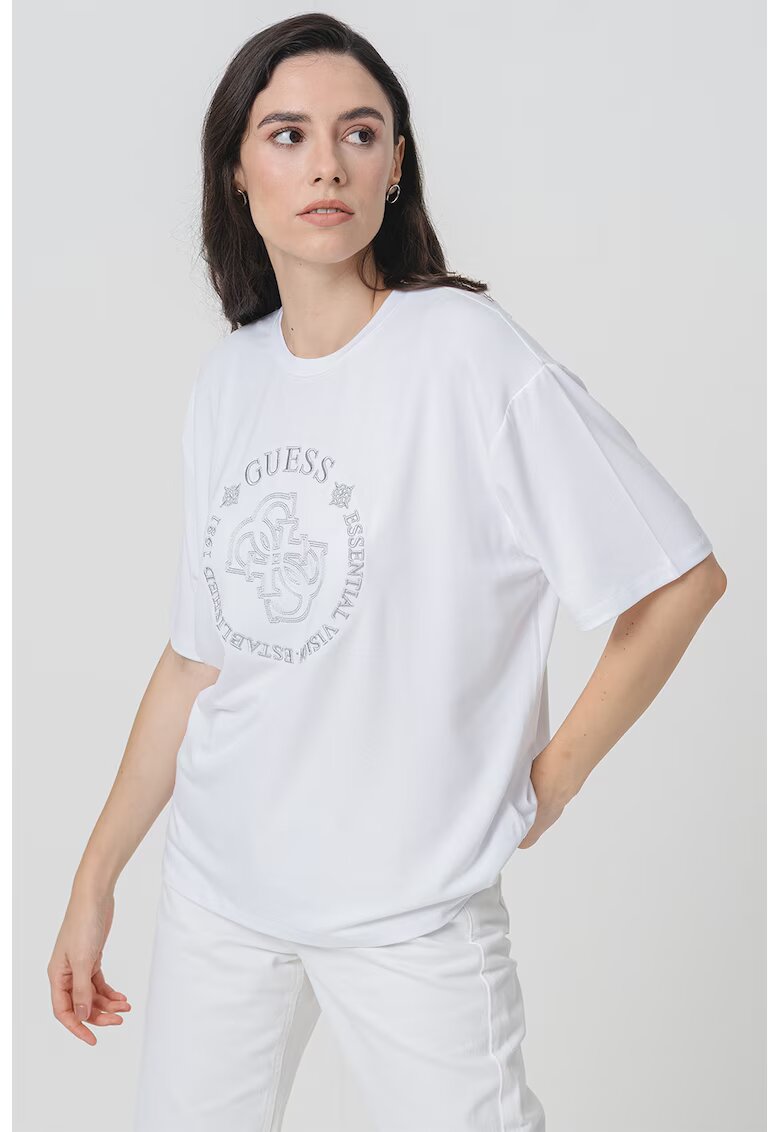 GUESS Tricou supradimensionat cu logo brodat - Alb optic/Argintiu
