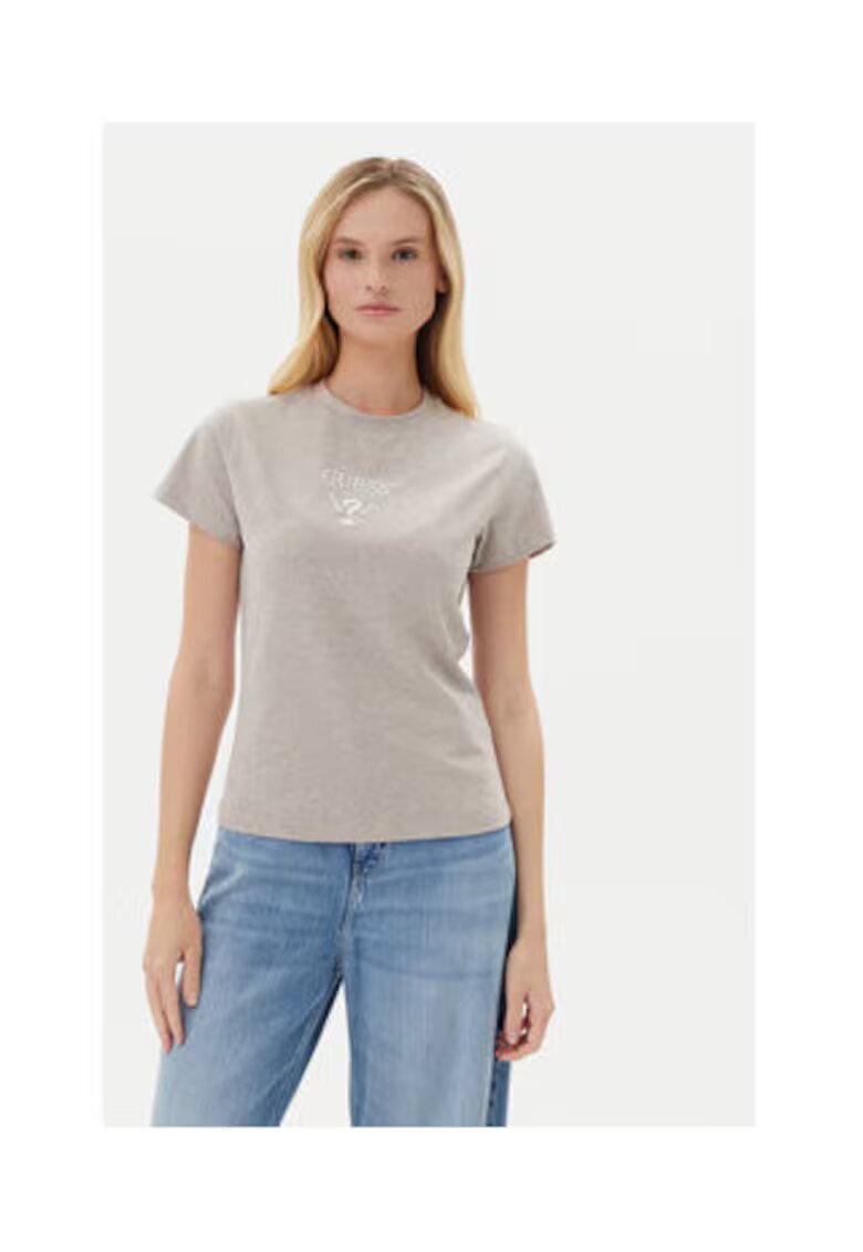 GUESS Tricou uni din amestec de bumbac cu decolteu la baza gatului si logo brodat pe piept