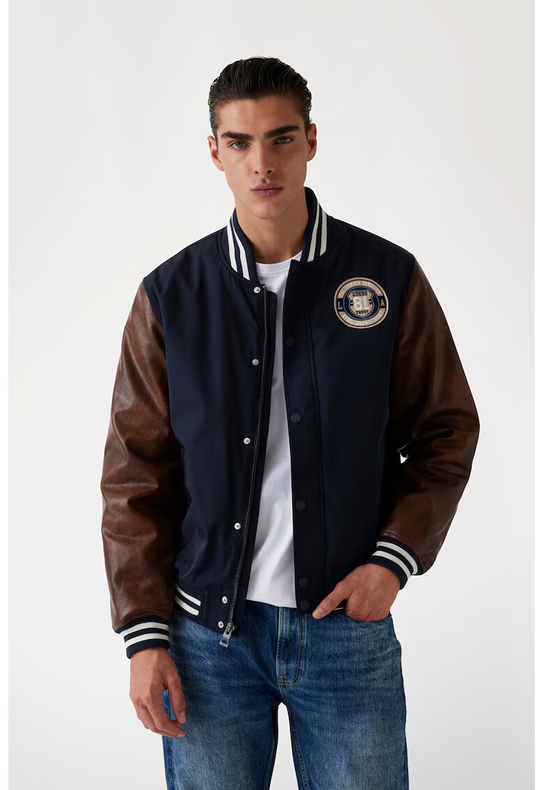 GUESS Zip Jacheta cu mansete si guler contrastant - Maro/Bleumarin