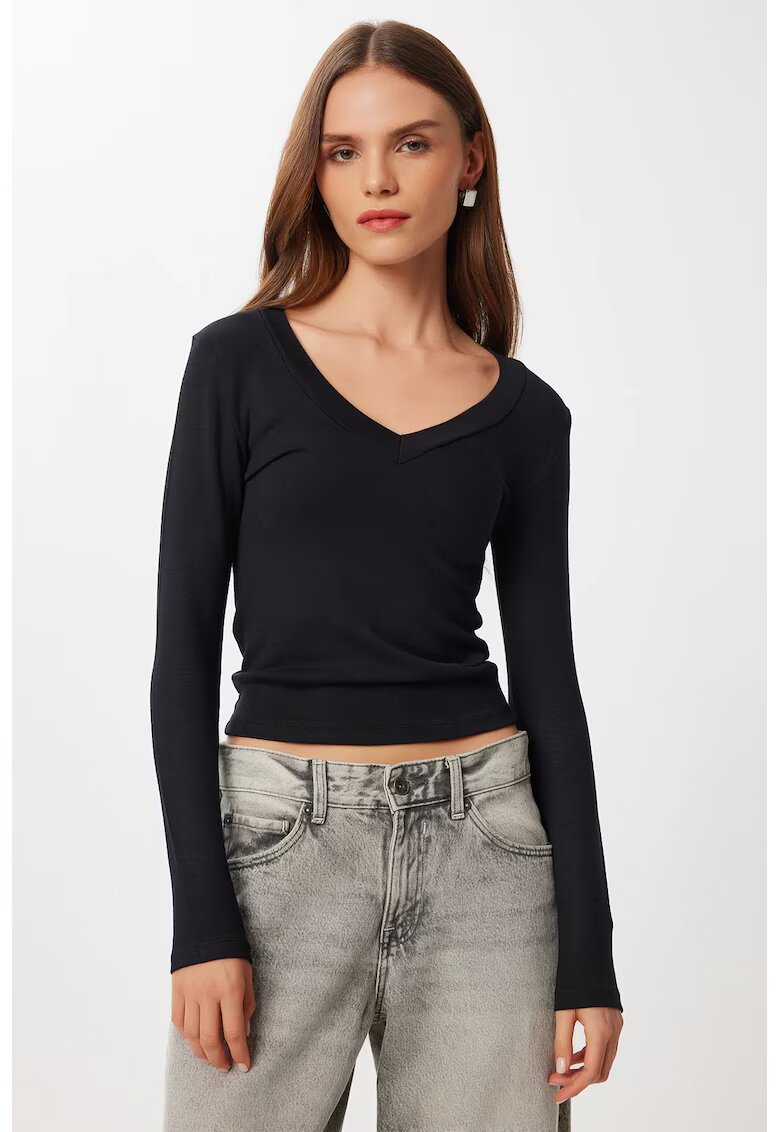 Happiness İstanbul Bluza dama - - slim fit - decolteu in V - negru - textil