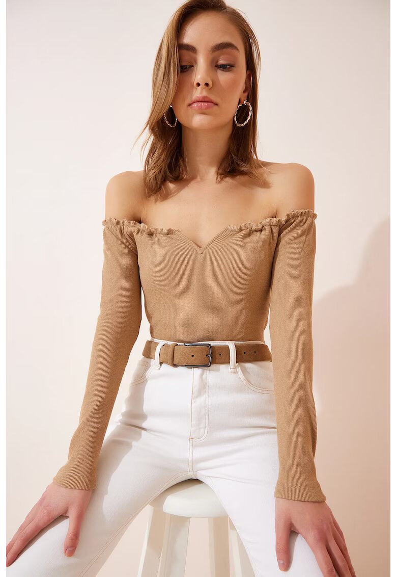 Happiness İstanbul Bluza dama - - volane texturate - bej - jerseu