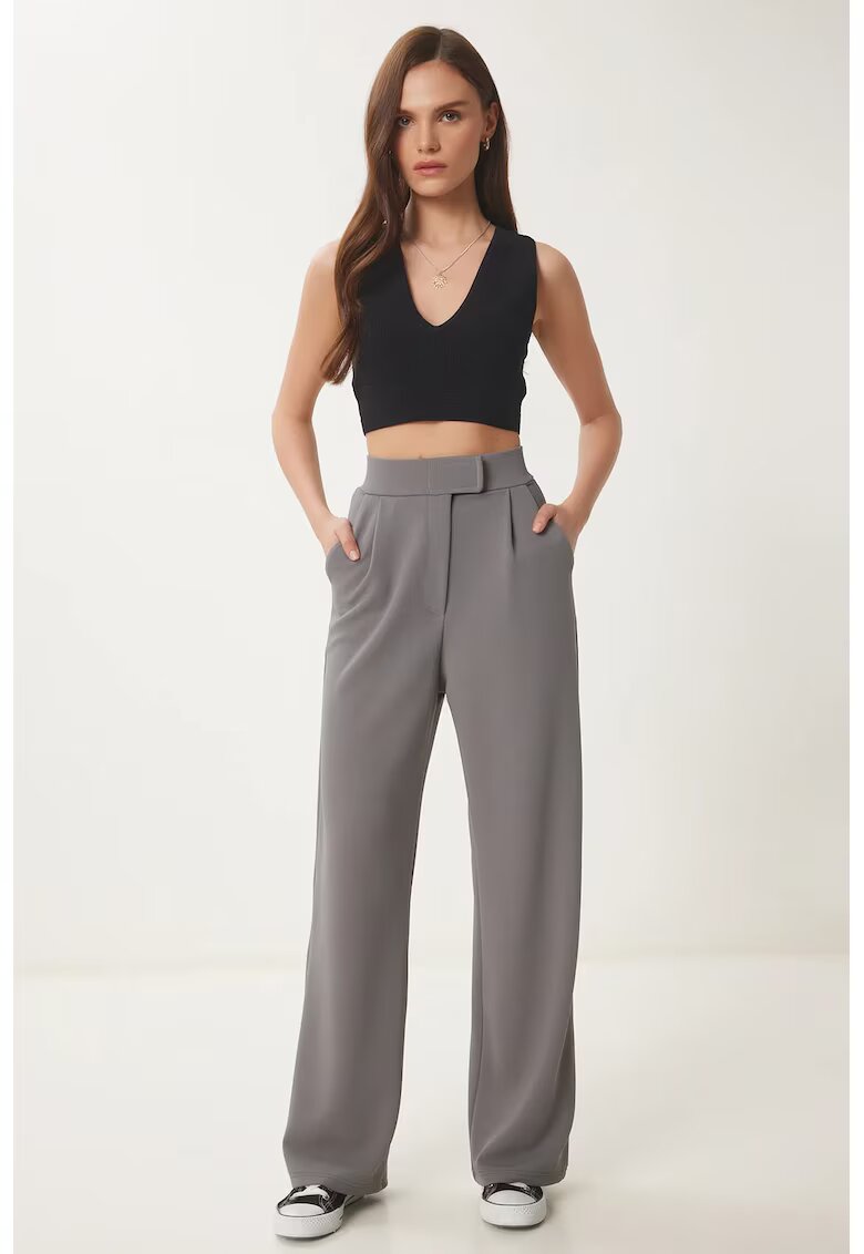 Happiness İstanbul Pantaloni dama - - palazzo - talie inalta - gri inchis - textil - Gri inchis