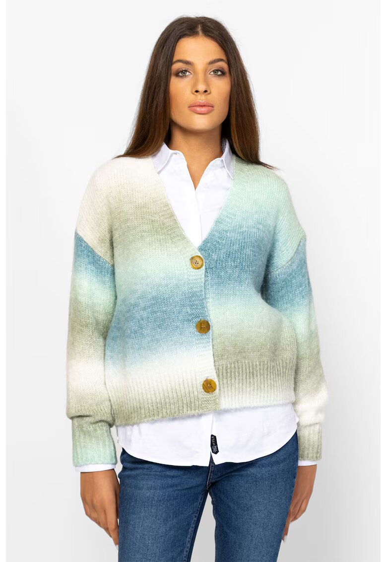Heavy Tools Cardigan cu model tie-dye si decolteu in V - Alb fildes/Kaki/Albastru