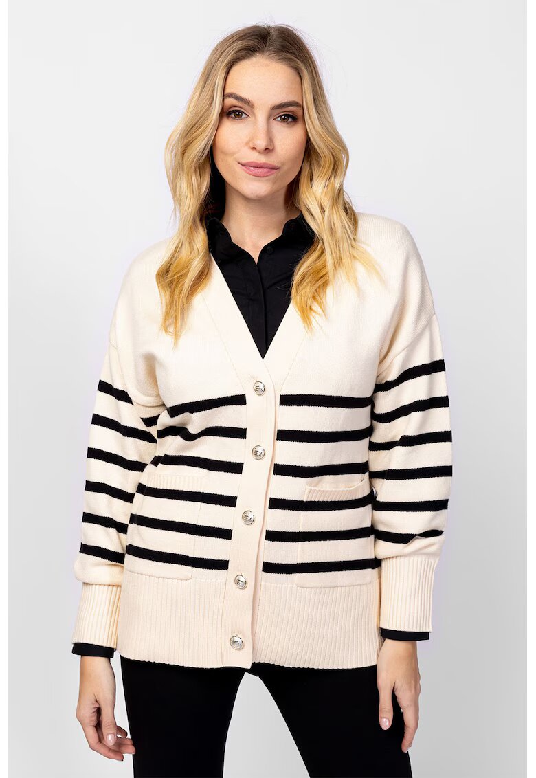 Heavy Tools Cardigan lejer cu model in dungi si maneci cazute - Alb fildes