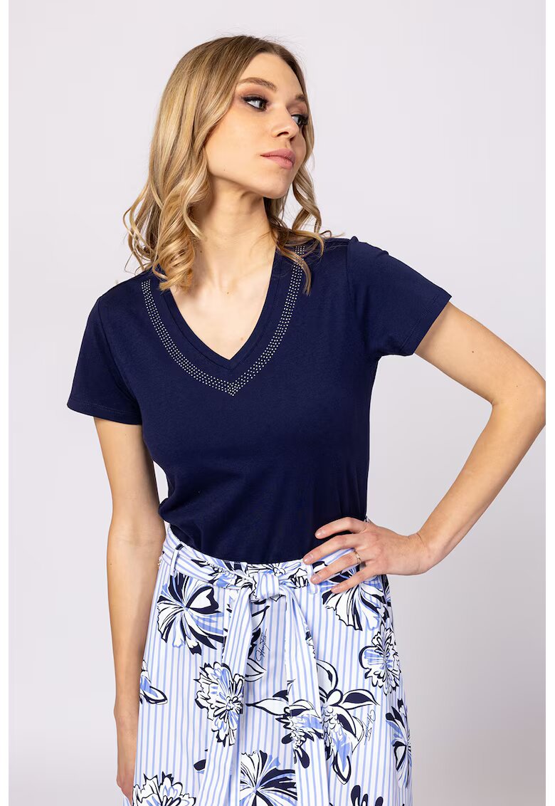 Heavy Tools Tricou cu decolteu in V si strasuri Milgarita - Bleumarin