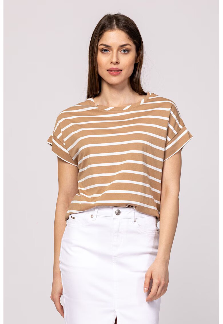 Heavy Tools Tricou din amestec de bumbac si modal in dungi Millie - Alb/Caramel