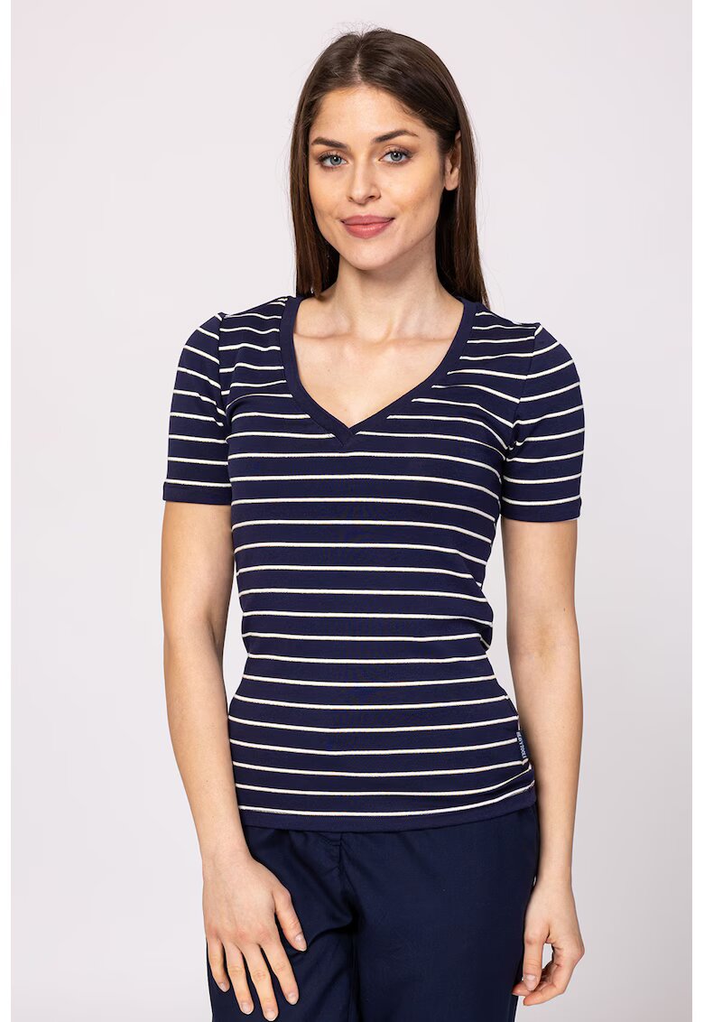Heavy Tools Tricou din amestec de modal cu decolteu in V si model in dungi Mistry - Alb/Bleumarin