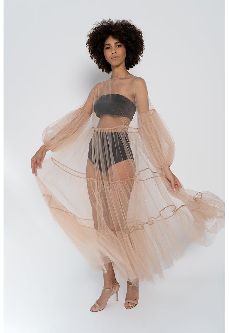 HELENE GALWAS Rochie maxi din tul transparent Alena - Maro nisip