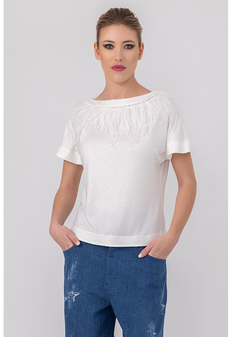 HELENE GALWAS Tricou cu aplicatii cu pene Alexandra - Alb optic