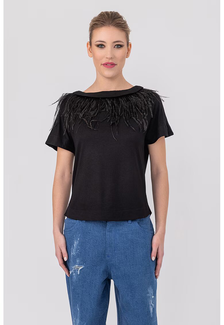 HELENE GALWAS Tricou cu aplicatii cu pene Alexandra - Negru