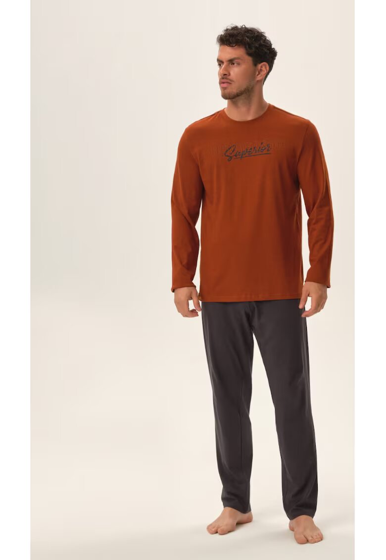 Henderson Pijama barbati Jupiter - bumbac - portocaliu si albastru - maneca lunga - set bluza si pantaloni