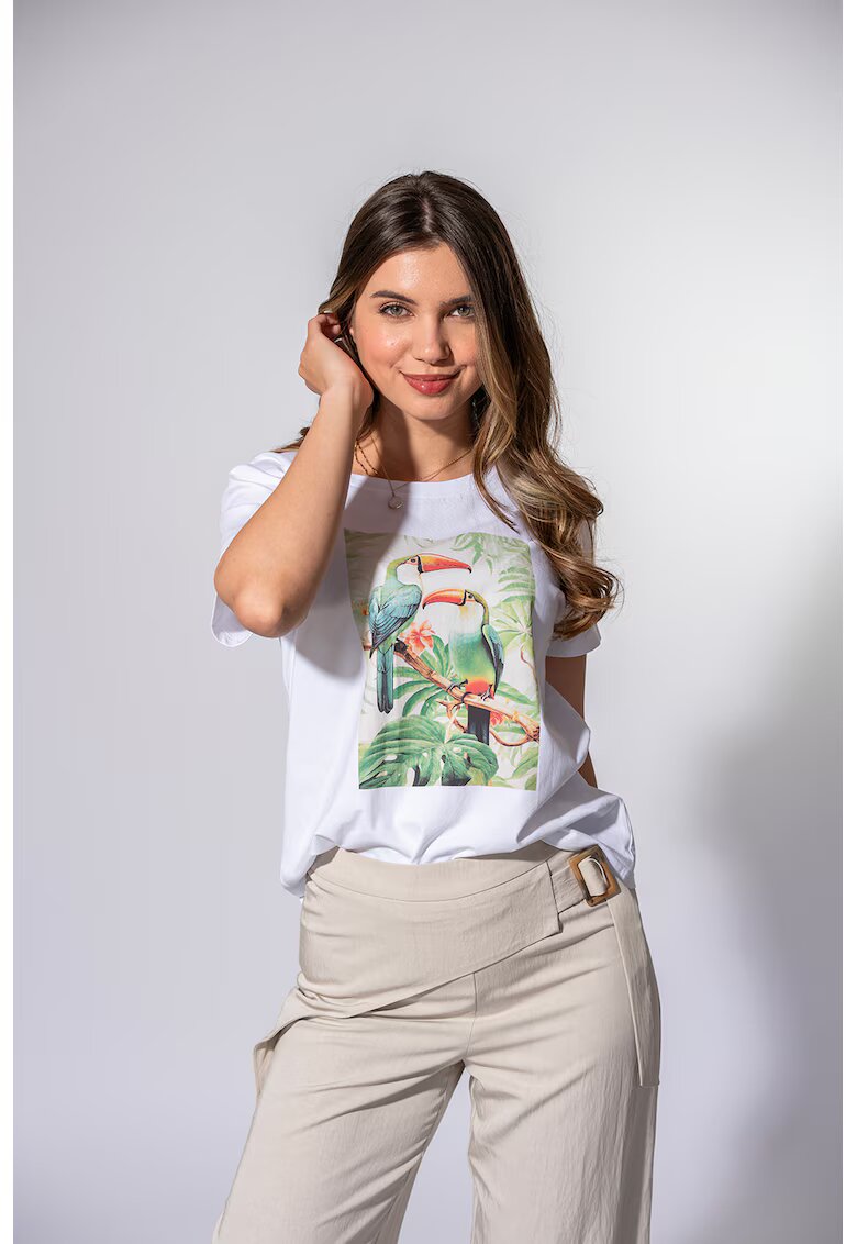 Hermosa Tricou din amestec de bumbac cu decolteu la baza gatului si imprimeu - Alb