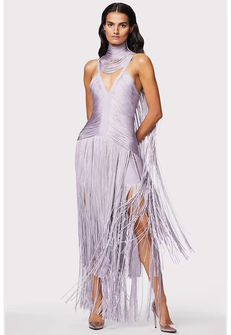 HERVE LEGER Rochie lunga cu franjuri si decolteu in V - Lila
