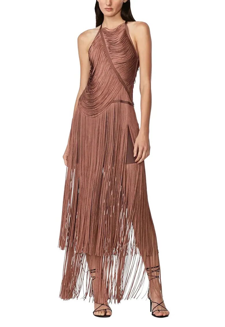 HERVE LEGER Rochie lunga de ocazie - cu franjuri - cu o croiala drapata - realizata pe o baza de bandaj care sculpteaza si modeleaza corpul - Maro