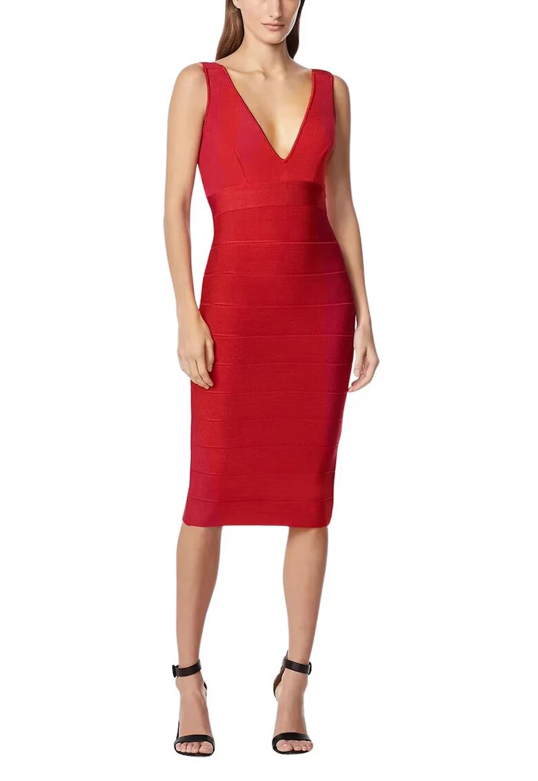 HERVE LEGER Rochie midi creion cu fermoar pe partea din spate - Rosu