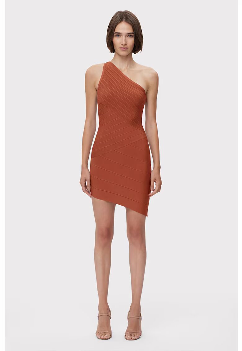 HERVE LEGER Rochie mini asimetrica cu decolteu pe un umar - Maro