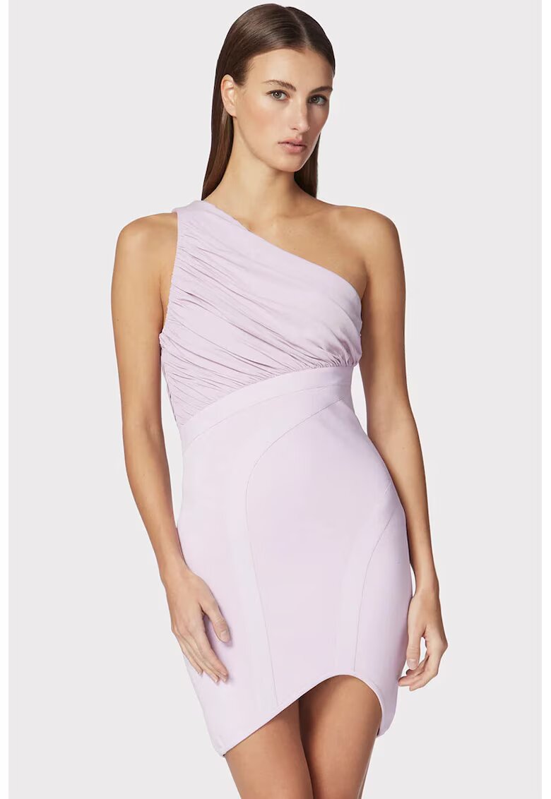 HERVE LEGER Rochie mini asimetrica - cu umarul gol si drapaj pe piept - Roz
