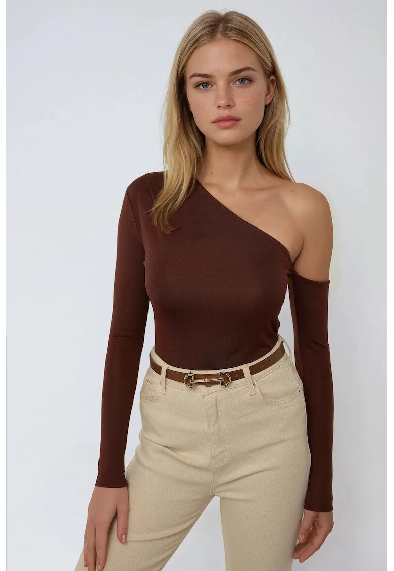 HiCCUP Bluza dama - body drapat cu guler asimetric - slim fit - maro - poliester