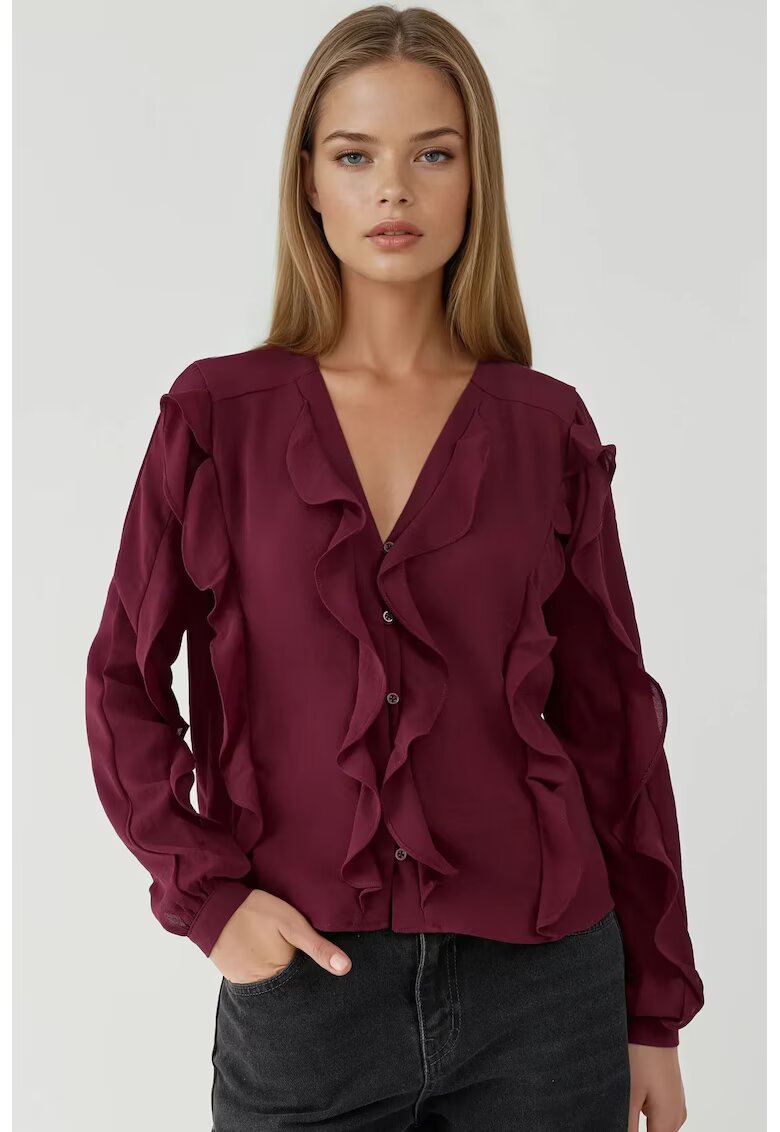 HiCCUP Bluza dama - camasa boema cu volane si guler - rosu-burgundia - textil