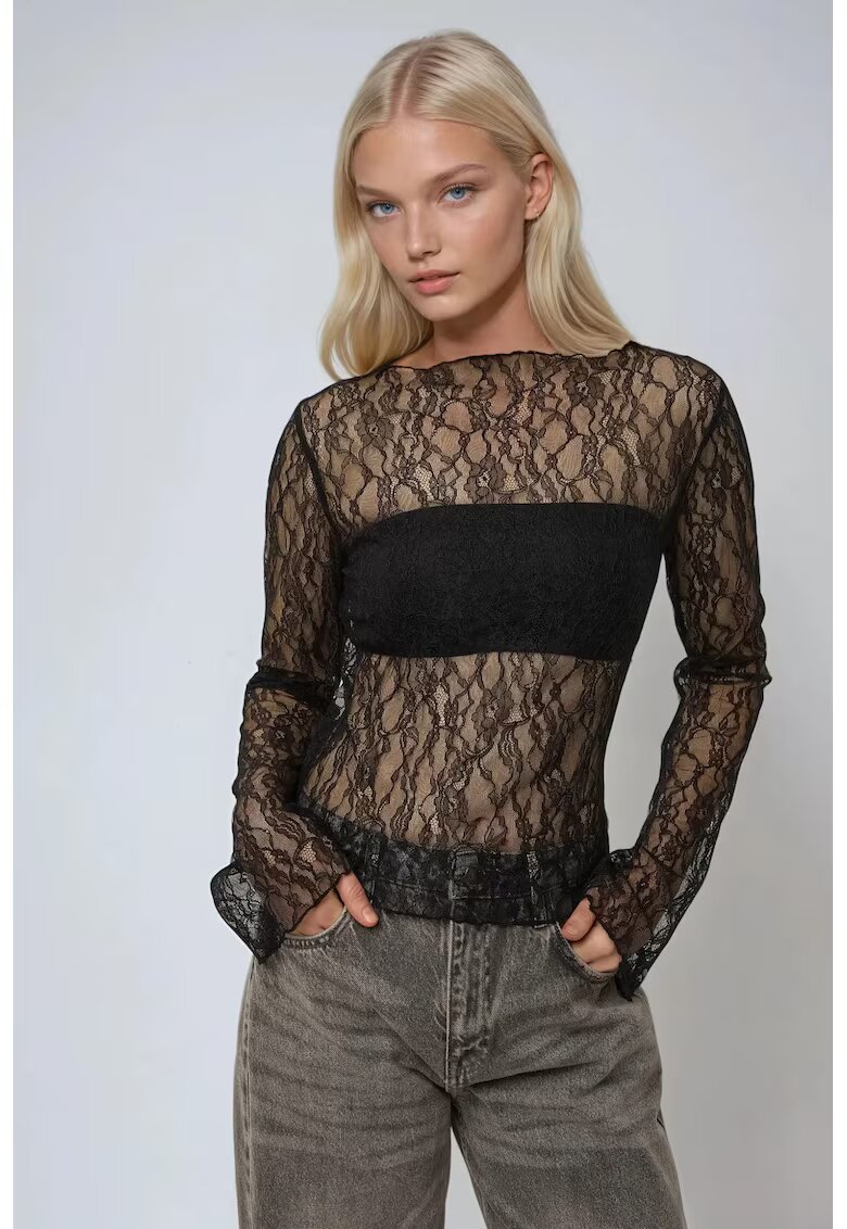 HiCCUP Bluza dama - cu guler rotund - dantela - negru - bumbac