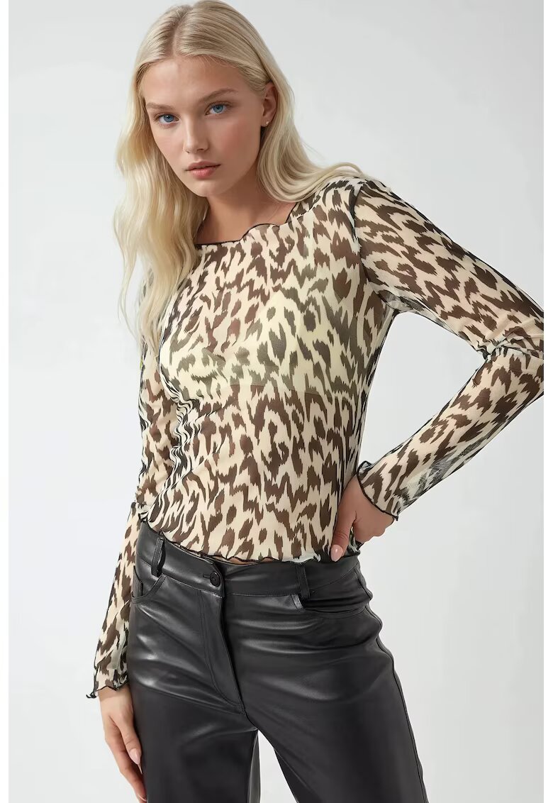HiCCUP Bluza dama - cu guler rotund - imprimeu - bej