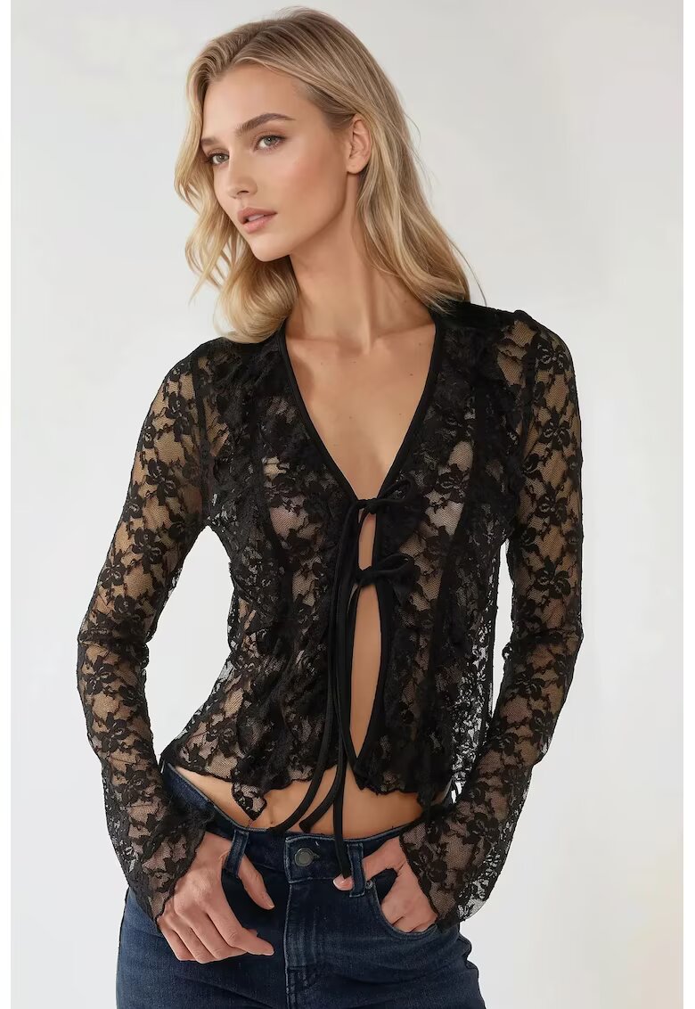 HiCCUP Bluza dama - dantela - maneca lunga - decolteu in V - negru - jerseu