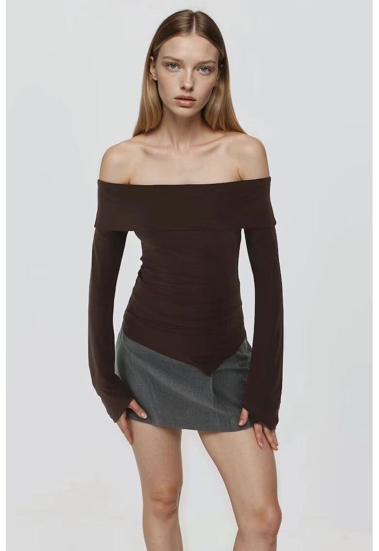 HiCCUP Bluza dama - decolteu asimetric - elastan/poliester - maro inchis
